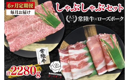 【6ヶ月定期便】【常陸牛A5ランク・ローズポークしゃぶしゃぶセット】常陸牛肩ロース180ｇ＋ローズポーク200ｇ（ロース100ｇ・ばら100ｇ）【 冷凍 国産 和牛 豚肉 ブランド豚 茨城県 水戸市 食べ比べ セット商品 国産 老舗精肉店】(EK-53_2)