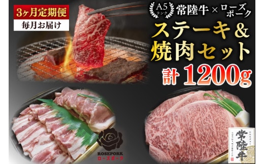 【3ヶ月定期便】【常陸牛A5ランク・ローズポークステーキ焼肉セット】常陸牛サーロイン200ｇ＋ローズポーク200ｇ（ロース100ｇ・ばら100ｇ）【 冷凍 国産 和牛 豚肉 ブランド豚 茨城県 水戸市 食べ比べ セット商品 国産 老舗精肉店】(EK-59_1)