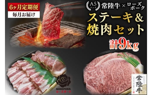 【6ヶ月定期便】【常陸牛 A5ランク・ローズポークステーキ焼肉セット】常陸牛サーロイン900ｇ（300ｇ×３枚）＋ローズポーク600ｇ（ロース300ｇ・ばら300ｇ） 冷凍 国産牛 和牛 牛肉 豚肉 ブランド豚 茨城県 水戸市 食べ比べ セット商品 国産 BBQ 老舗精肉店 (EK-61_2)