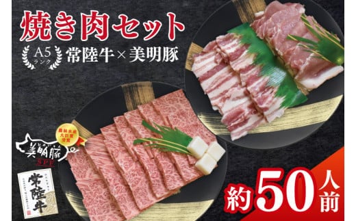 常陸牛A5ランク・美明豚焼肉セット 合計約50人前！｜焼肉 BBQ カルビ ロース バラ 国産牛 和牛 牛肉 豚肉 茨城県 水戸市 国産 老舗精肉店（EK-87）
