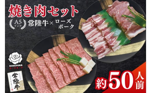 常陸牛A5ランク・ローズポーク焼肉セット 合計約50人前！｜焼肉 BBQ カルビ ロース バラ 国産牛 和牛 牛肉 豚肉 茨城県 水戸市 国産 老舗精肉店（EK-89）