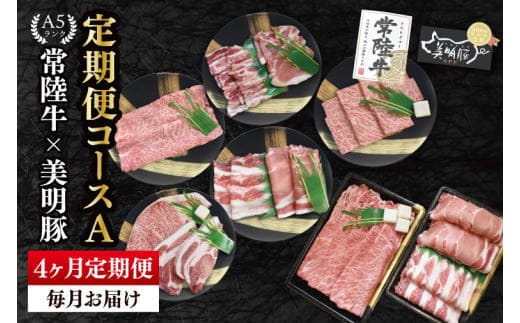 【4か月定期便】A5ランク常陸牛＆美明豚 食べ比べ 定期便コースA｜すき焼き しゃぶしゃぶ 焼肉 BBQ ステーキ 国産牛 和牛 牛肉 豚肉 茨城県 水戸市 国産 老舗精肉店（EK-81）