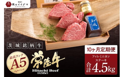 10ヶ月 定期便 希少部位 食べ物 肉 常陸牛A5 上質フィレミニヨンステーキ 150g × 3枚 × 10回 ＜木箱入り・特製タレ／マスタード付き＞ ヒレステーキ ギフト お返し 内祝い お祝い 茨城県 水戸市（DU-169）