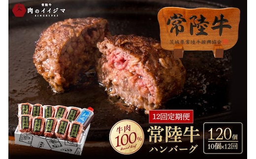 【定期便12回】肉 常陸牛ハンバーグ100g×10個 計1kg × 12回 セット ギフト リピーター続出！ お返し 内祝い 記念日 プレゼント 誕生日 個別真空パック 焼くだけでレストランの味（DU-160）