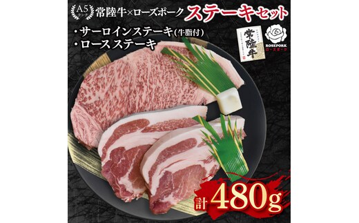 【常陸牛 A5ランク・ローズポークステーキセット】常陸牛サーロインステーキ200g＋ローズポークロースステーキ280g（140g×２枚） 冷凍 国産牛 和牛 牛肉 豚肉 ブランド豚 茨城県 水戸市 食べ比べ セット商品 国産 15000円 老舗精肉店 EK-43