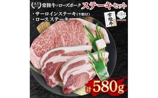 【常陸牛 A5ランク・ローズポークステーキセット】常陸牛サーロインステーキ300g＋ローズポークロースステーキ280g（140g×２枚） 冷凍 国産牛 和牛 牛肉 豚肉 ブランド豚 茨城県 水戸市 食べ比べ セット商品 国産 20000円以内 老舗精肉店 EK-44