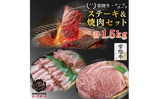 【常陸牛 A5ランク・ローズポークステーキ焼肉セット】常陸牛サーロイン900ｇ（300ｇ×３枚）＋ローズポーク600ｇ（ロース300ｇ・ばら300ｇ） 冷凍 国産牛 和牛 牛肉 豚肉 ブランド豚 茨城県 水戸市 食べ比べ セット商品 国産 BBQ 老舗精肉店 EK-61