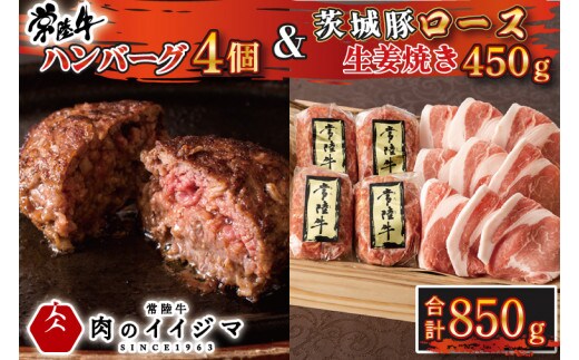 肉 常陸牛 無添加 ハンバーグ100g 4個 茨城 豚ロース 生姜焼き 450g セット 木箱入り 焼くだけでレストランの味 お歳暮 ギフト 牛肉100% 豚肉 茨城 水戸 15000円 【肉のイイジマ】（DU-74）