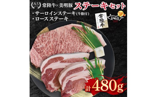 【常陸牛 A5ランク・美明豚ステーキセット】常陸牛サーロインステーキ200g＋美明豚ロースステーキ280g（140g×２枚） 冷凍 国産牛 和牛 牛肉 豚肉 ブランド豚 茨城県 水戸市 食べ比べ セット商品 国産 15000円 老舗精肉店 EK-18