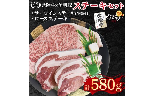 【常陸牛 A5ランク・美明豚ステーキセット】常陸牛サーロインステーキ300g＋美明豚ロースステーキ280g（140g×２枚） 冷凍 国産牛 和牛 牛肉 豚肉 ブランド豚 茨城県 水戸市 食べ比べ セット商品 国産 20000円以内 老舗精肉店 EK-19
