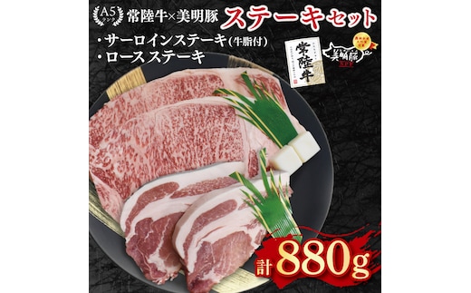 【常陸牛 A5ランク・美明豚ステーキセット】常陸牛サーロインステーキ600g（300g×２枚）＋美明豚ロースステーキ280g（140g×２枚） 冷凍 国産牛 和牛 牛肉 豚肉 ブランド豚 茨城県 水戸市 食べ比べ セット商品 国産 35000円以内 老舗精肉店 EK-20