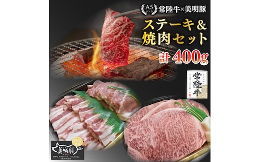 【常陸牛 A5ランク・美明豚ステーキ焼肉セット】常陸牛サーロイン200ｇ＋美明豚200ｇ（ロース100ｇ・ばら100ｇ） 冷凍 国産牛 和牛 牛肉 豚肉 ブランド豚 茨城県 水戸市 食べ比べ セット商品 国産 BBQ 15000円以内 老舗精肉店 EK-34