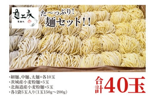 た～っぷり！麺セット！！ 細麺、中麺、太麺×各10玉 茨城産小麦粉麺×5玉 北海道産小麦粉麺×5玉 計４０玉（１袋５玉入り×８袋）(HS-2)