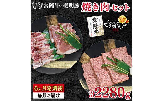 【6ヶ月定期便】【常陸牛 A5ランク・美明豚焼肉セット】常陸牛カルビ180ｇ＋美明豚200ｇ（ロース100ｇ・ばら100ｇ） 冷凍 国産牛 和牛 牛肉 豚肉 ブランド豚 茨城県 水戸市 食べ比べ セット商品 国産 BBQ 老舗精肉店（EK-22_2）