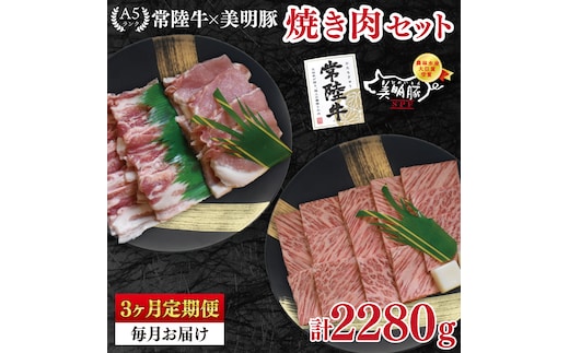 【3ヶ月定期便】【常陸牛 A5ランク・美明豚焼肉セット】常陸牛カルビ360ｇ＋美明豚400ｇ（ロース200ｇ・ばら200ｇ） 冷凍 国産牛 和牛 牛肉 豚肉 ブランド豚 茨城県 水戸市 食べ比べ セット商品 国産 BBQ 老舗精肉店（EK-23_1）