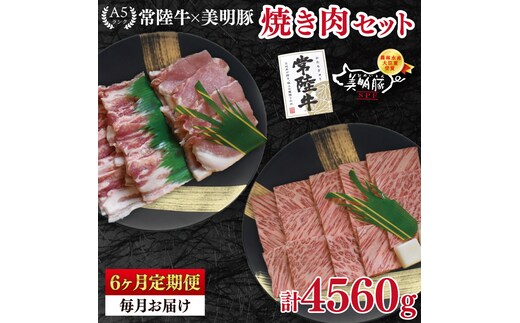 【6ヶ月定期便】【常陸牛 A5ランク・美明豚焼肉セット】常陸牛カルビ360ｇ＋美明豚400ｇ（ロース200ｇ・ばら200ｇ） 冷凍 国産牛 和牛 牛肉 豚肉 ブランド豚 茨城県 水戸市 食べ比べ セット商品 国産 BBQ 老舗精肉店（EK-23_2）