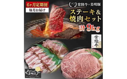 【6ヶ月定期便】【常陸牛 A5ランク・美明豚ステーキ焼肉セット】常陸牛サーロイン900ｇ（300ｇ×３枚）＋美明豚600ｇ（ロース300ｇ・ばら300ｇ）【冷凍 国産牛 和牛 牛肉 豚肉 ブランド豚 茨城県 水戸市 食べ比べ セット商品 国産 BBQ】（EK-36_2）