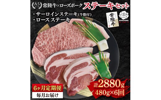 【6ヶ月定期便】【常陸牛 A5ランク・ローズポークステーキセット】常陸牛サーロインステーキ200g＋ローズポークロースステーキ280g（140g×２枚） 冷凍 国産牛 和牛 牛肉 豚肉 ブランド豚 茨城県 水戸市 食べ比べ セット商品 国産 老舗精肉店 ( EK-43_2)