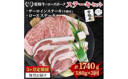 【3ヶ月定期便】【常陸牛 A5ランク・ローズポークステーキセット】常陸牛サーロインステーキ300g＋ローズポークロースステーキ280g（140g×２枚） 冷凍 国産牛 和牛 牛肉 豚肉 ブランド豚 茨城県 水戸市 食べ比べ セット商品 国産 老舗精肉店 (EK-44_1)