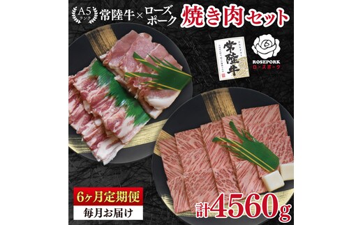 【6ヶ月定期便】【常陸牛 A5ランク・ローズポーク焼肉セット】常陸牛カルビ360ｇ＋ローズポーク400ｇ（ロース200ｇ・ばら200ｇ） 冷凍 国産牛 和牛 牛肉 豚肉 ブランド豚 茨城県 水戸市 食べ比べ セット商品 国産 BBQ 老舗精肉店（EK-48_2）