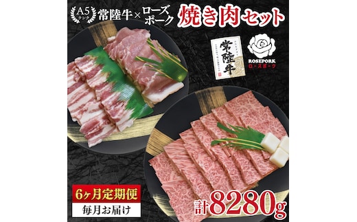 【6ヶ月定期便】【常陸牛 A5ランク・ローズポーク焼肉セット】常陸牛カルビ780ｇ＋ローズポーク600ｇ（ロース300ｇ・ばら300ｇ） 冷凍 国産牛 和牛 牛肉 豚肉 ブランド豚 茨城県 水戸市 食べ比べ セット商品 国産 BBQ 老舗精肉店（EK-49_2）