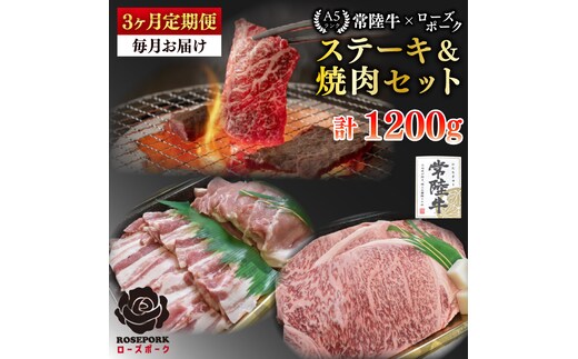 【3ヶ月定期便】【常陸牛A5ランク・ローズポークステーキ焼肉セット】常陸牛サーロイン200ｇ＋ローズポーク200ｇ（ロース100ｇ・ばら100ｇ）【 冷凍 国産 和牛 豚肉 ブランド豚 茨城県 水戸市 食べ比べ セット商品 国産 老舗精肉店】(EK-59_1)