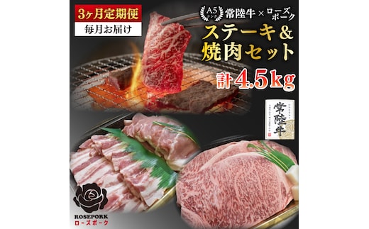 【3ヶ月定期便】【常陸牛 A5ランク・ローズポークステーキ焼肉セット】常陸牛サーロイン900ｇ（300ｇ×３枚）＋ローズポーク600ｇ（ロース300ｇ・ばら300ｇ） 冷凍 国産牛 和牛 牛肉 豚肉 ブランド豚 茨城県 水戸市 食べ比べ セット商品 国産 BBQ 老舗精肉店 (EK-61_1)