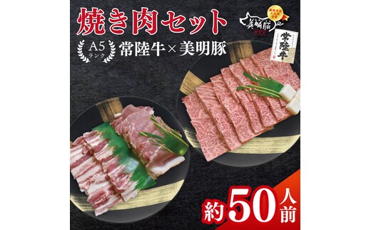 常陸牛A5ランク・美明豚焼肉セット 合計約50人前！｜焼肉 BBQ カルビ ロース バラ 国産牛 和牛 牛肉 豚肉 茨城県 水戸市 国産 老舗精肉店（EK-87）