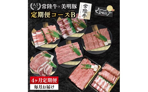 【4か月定期便】A5ランク常陸牛＆美明豚 食べ比べ 定期便コースB｜すき焼き しゃぶしゃぶ 焼肉 BBQ ステーキ 国産牛 和牛 牛肉 豚肉茨城県 水戸市 国産 老舗精肉店（EK-82）