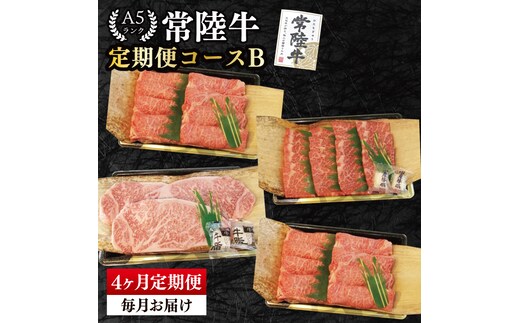 【4か月定期便】A5ランク常陸牛 食べ比べ 定期便コースB｜すき焼き しゃぶしゃぶ 焼肉 BBQ ステーキ 国産牛 和牛 牛肉 茨城県 水戸市 国産 老舗精肉店（EK-79）