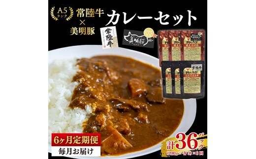 【6ヶ月定期便】【常陸牛 A5ランク】カレー3パック＋【美明豚】カレー3パック 国産牛 和牛 牛肉 豚肉 ブランド豚 茨城県 水戸市 レトルト 食品 食べ比べ セット商品 国産 老舗精肉店（EK-75_2）