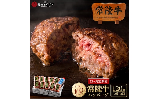12ヶ月 定期便 肉 常陸牛ハンバーグ100g×10個 計1kg 12回 セット市 肉のイイジマ（DU-160）