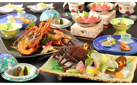 茨城県ブランド！特大『常陸乃国いせ海老』と「常陸牛」会席付 １泊２食ペア宿泊券【 茨城県 日立市 】