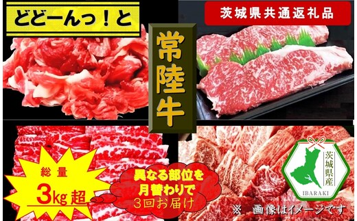【3か月定期便】【常陸牛】どどーんっ！と常陸牛【月替わりで異なる部位が届く定期便】 計3回 総重量約３kg超え（茨城県共通返礼品）【常陸牛 茨城県産 日立市】