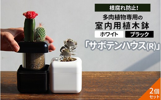 【2個セット ブラック・ホワイト】根腐れ防止！多肉植物専用の室内用植木鉢「サボテンハウス(R)」 かわいいキューブ型植木鉢 日用品 贈答品 プレゼント ギフト _GD03