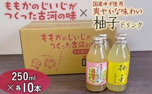 【飲み比べ】ももかのじいじがつくった古河の味×国産ゆず使用爽やかな味わい柚子ドリンク 250ml×各10本入 ※着日指定不可 | ドリンク 飲み比べ 桃 柚子 もも モモ ゆず ユズ ジュース びん ビン 飲料 ご当地ドリンク 飲みくらべ 取り寄せ お取り寄せ ご家庭用 手土産 美味しい すっきり ギフト 厳選 贈答 贈り物 お中元 夏ギフト プレゼント 茨城県 古河市 送料無料 _EG03