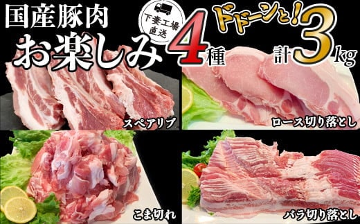 国産豚肉お楽しみ4種セット3kg（小分け真空包装）【下妻工場直送】【豚肉 セット こま切れ 切り落とし ロース バラ 豚バラ バラ切り落とし 肉 豚こま切れ 小分け パック 便利 マルリン】