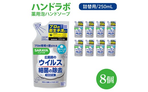 ハンドラボ 薬用泡ハンドソープ 250mL詰替用 8個 【医薬部外品】【手洗い 手あらい てあらい 泡 ハンドソープ 石鹸 せっけん 石けん 清潔 洗浄 殺菌 手指消毒 ストック 詰め替え】(CL139-H8)