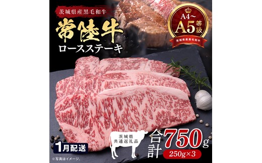 【2027年1月発送予定】最高級A4.A5ランク 常陸牛ロースステーキ750ｇ（250g×3）【人気肉 お肉 牛肉 和牛 黒毛和牛 国産黒毛和牛 ロース肉 ステーキ 国産牛 焼肉 焼き肉 バーベキュー BBQ A5 ブランド牛】(CR102-1)