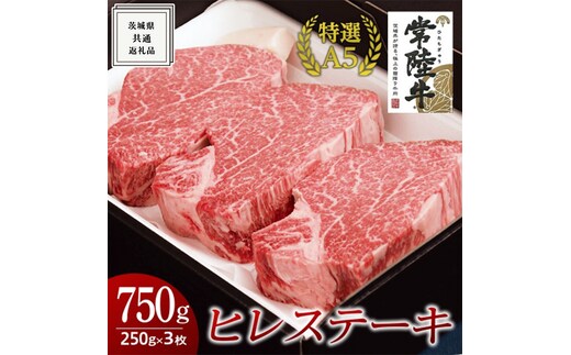 【常陸牛特選A5】ヒレステーキ 250g×3枚 (750g) ( 茨城県共通返礼品 ) 国産 お肉 肉 焼肉 焼き肉 バーベキュー BBQ ヒレ肉 ヘレ ヘレステーキ テンダーロイン A5ランク ブランド牛
