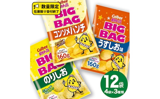 カルビー ポテトチップス BIGBAG 160g 3種 各4袋セット (計 12袋 ) うすしお ・ のりしお ・ コンソメパンチ ポテチ お菓子 おかし 大量 スナック おつまみ ジャガイモ じゃがいも まとめ買い 数量限定