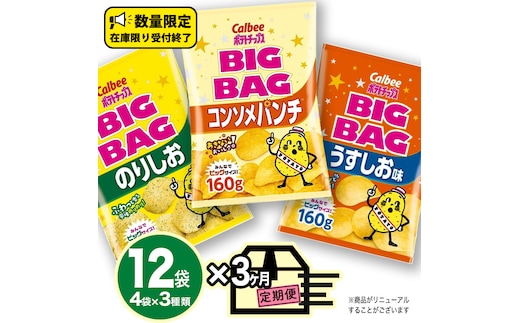 【 カルビー 3ヶ月 定期便 】 ポテトチップス BIGBAG 3種 各4袋 セット うすしお のりしお コンソメパンチポテチ お菓子 おかし 大量 スナック おつまみ ジャガイモ じゃがいも まとめ買い 数量限定