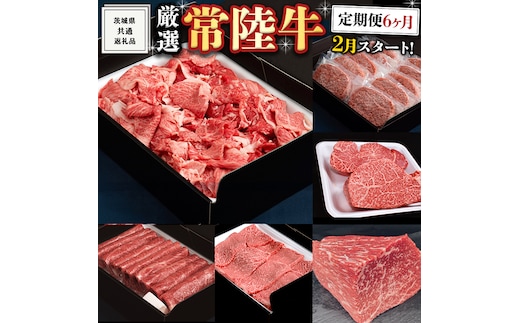 《 定期便 2月スタート 》 厳選 『 常陸牛 』 6ヶ月セット ( 茨城県共通返礼品 ) A5 A4 肉 焼肉 国産 霜降 赤身 ヒレ 切り落とし もも ハンバーグ ステーキ すき焼き しゃぶしゃぶ