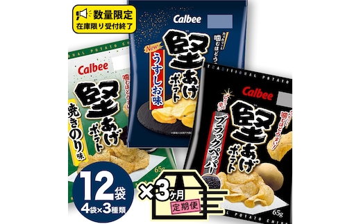 【 カルビー 3ヶ月 定期便 】 堅あげポテト 3種 各4袋 セット ( 計12袋 ) うすしお ブラックペッパー 焼きのり 堅あげ かたあげ ポテト ポテチ お菓子 おかし 大量 スナック おつまみ ジャガイモ じゃがいも まとめ買い 数量限定