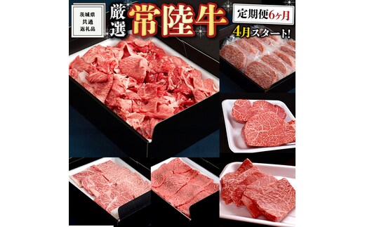 《 定期便 4月スタート 》 厳選 『 常陸牛 』 6ヶ月セット ( 茨城県共通返礼品 ) A5 A4 肉 焼肉 国産 霜降 赤身 ヒレ 切り落とし もも ハンバーグ ステーキ