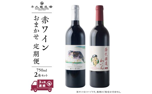 【 3ヶ月連続 】 赤ワイン おまかせ 定期便 2本セット 飲み比べ 茨城県産 牛久醸造場 厳選 750ml × 2本 お酒 ワイン ワイン好き 初心者 上級者 贈り物 ギフト 詰め合わせ
