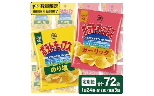【 湖池屋 3ヶ月 定期便 】湖池屋 ポテトチップス 2種類アソート （のり塩・ガーリック）（各12袋・計24袋 ×３回） ポテチ お菓子 おかし 大量 スナック おつまみ ジャガイモ じゃがいも まとめ買い スナック菓子 頒布会 数量限定