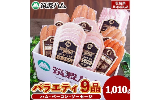 筑波ハム バラエティ 9品 ( ハム ベーコン ソーセージ ) 合計1010g 茨城県産 『 常陸の輝き 』 ブランド豚 銘柄豚 ( 茨城県共通返礼品 ) 詰合せ 詰め合わせ 肉 豚 ウィンナー 熟成