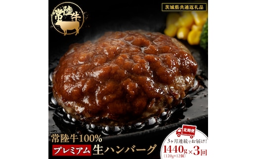 【3ケ月定期便】 常陸牛 100% プレミアム 生ハンバーグ 合計4320g（ 120g × 12個 × 3回 ） 【茨城県共通返礼品】 ハンバーグ 黒毛和牛 和牛 牛肉 肉 レトルト 冷凍 簡単 小分け 定期便