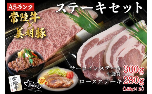 DT-22【常陸牛A5ランク・美明豚ステーキセット】常陸牛サーロインステーキ300g＋美明豚ロースステーキ280g（140g×２枚）